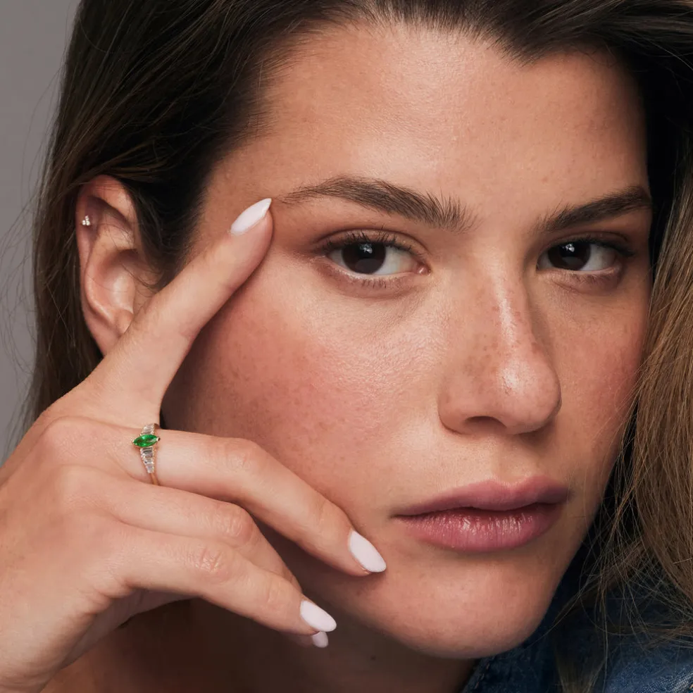 14k Gold Marquise Shape Emerald Ring with Baguette Accents