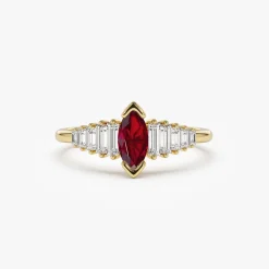 14k Gold Marquise Shape Ruby Ring with Baguette Accents