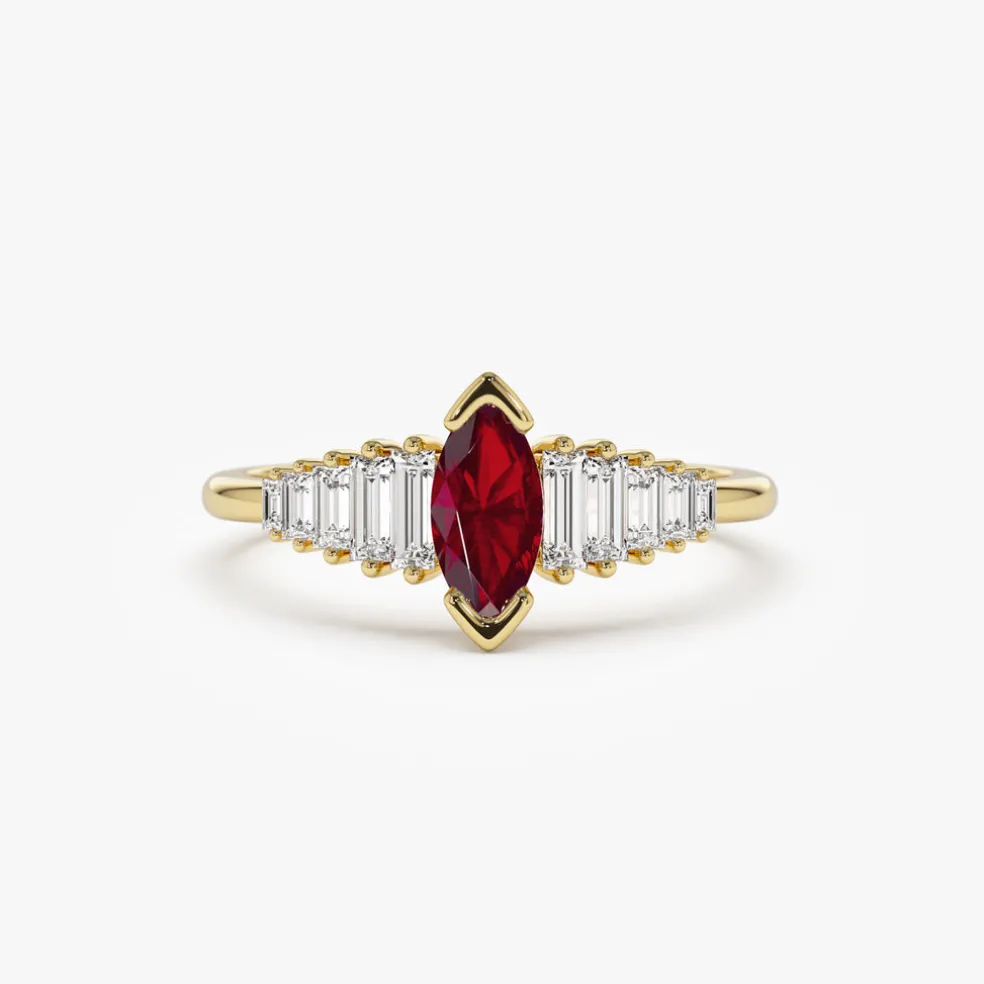 14k Gold Marquise Shape Ruby Ring with Baguette Accents