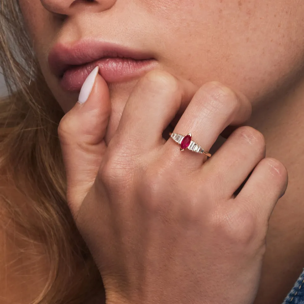 14k Gold Marquise Shape Ruby Ring with Baguette Accents
