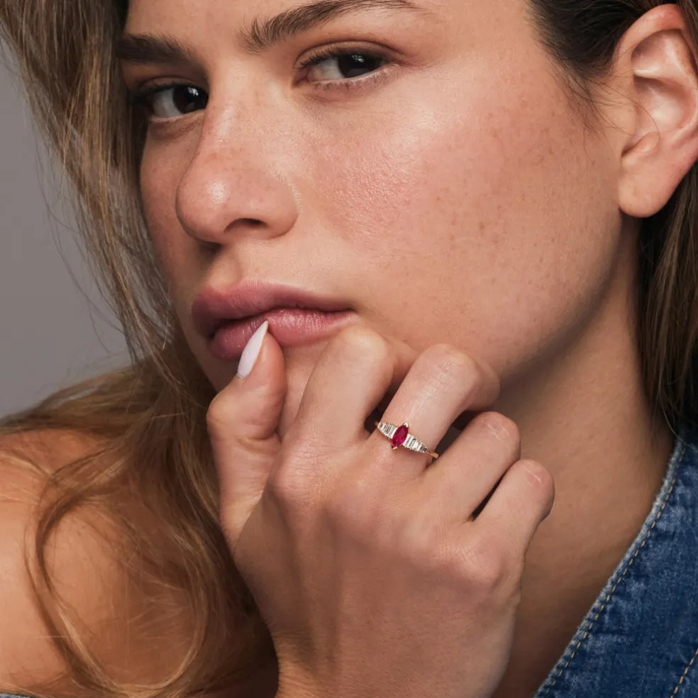 14k Gold Marquise Shape Ruby Ring with Baguette Accents