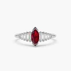 14k Gold Marquise Shape Ruby Ring with Baguette Accents