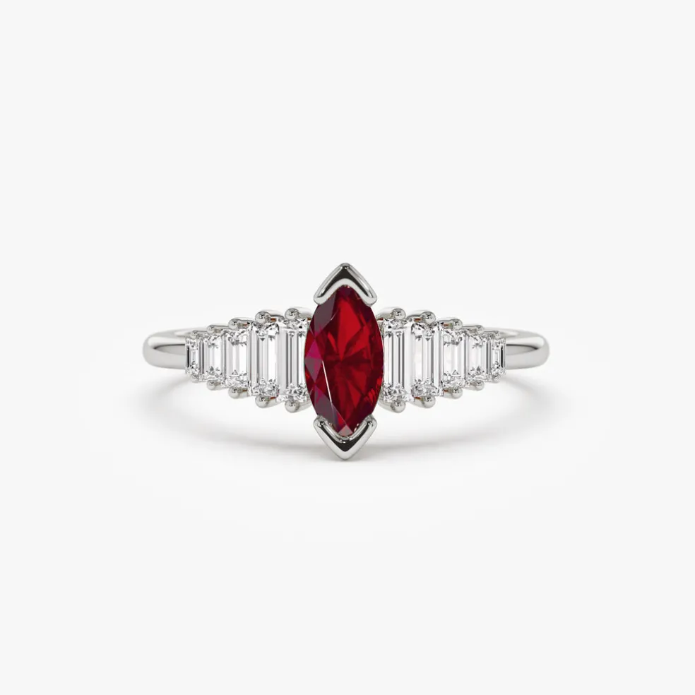 14k Gold Marquise Shape Ruby Ring with Baguette Accents