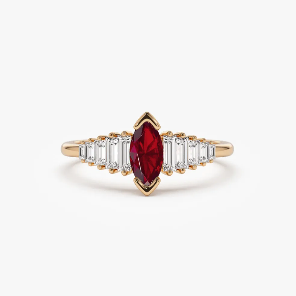 14k Gold Marquise Shape Ruby Ring with Baguette Accents