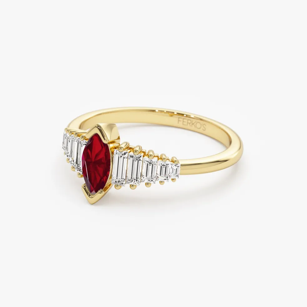 14k Gold Marquise Shape Ruby Ring with Baguette Accents