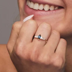14k Gold Marquise Shape Sapphire Ring with Baguette Accents