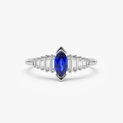 14k Gold Marquise Shape Sapphire Ring with Baguette Accents