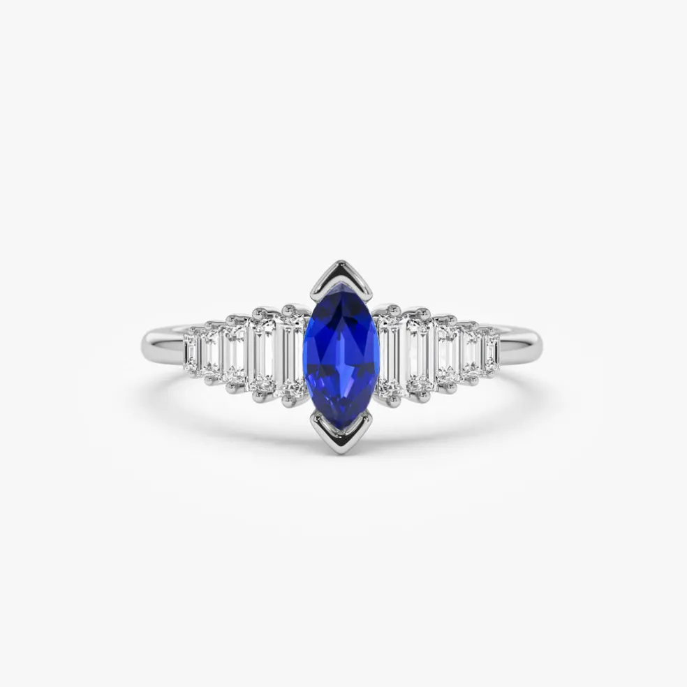 14k Gold Marquise Shape Sapphire Ring with Baguette Accents