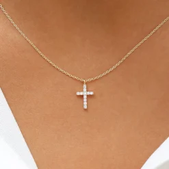 14K Gold Micro Pave Diamond Cross Necklace
