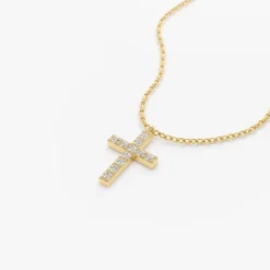 14K Gold Micro Pave Diamond Cross Necklace