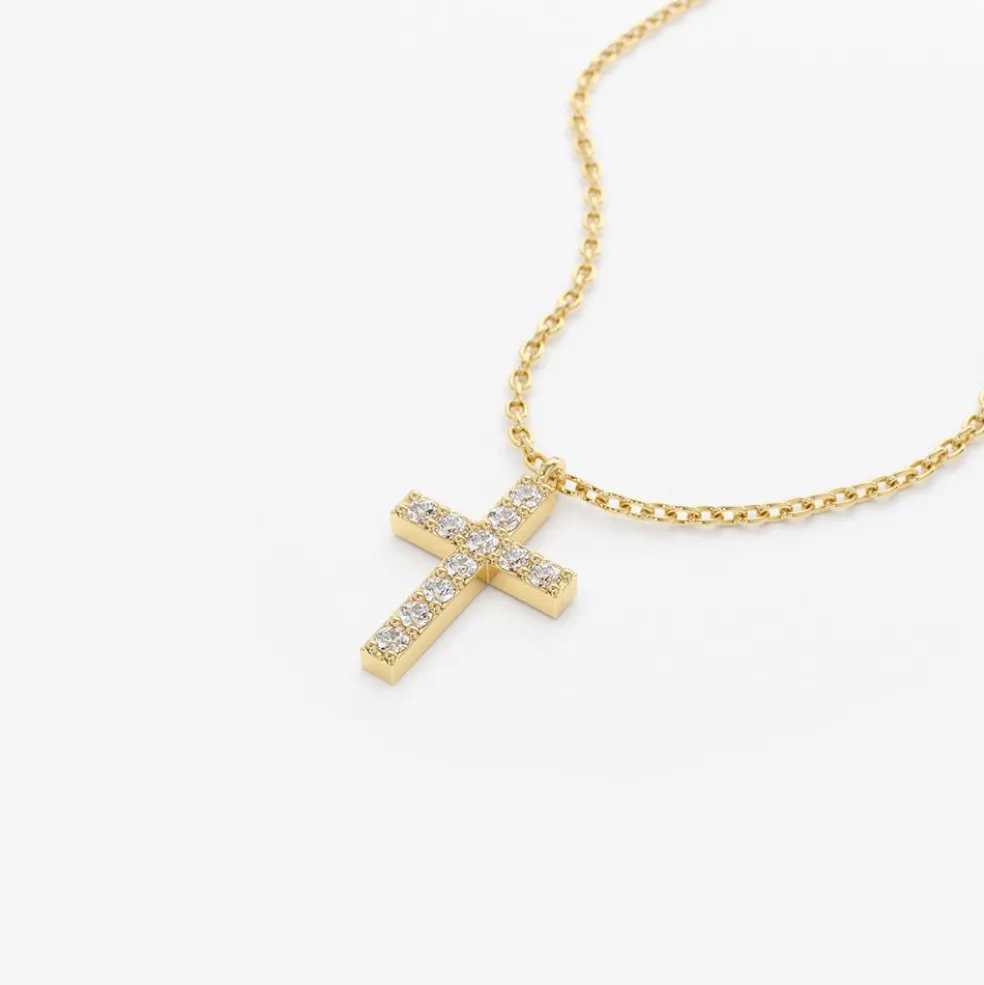 14K Gold Micro Pave Diamond Cross Necklace