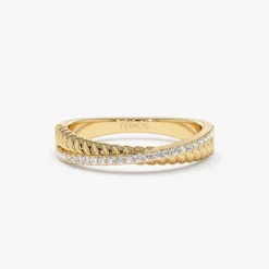 14k Gold Micro Pave Diamond Twisted Rope Criss Cross Ring