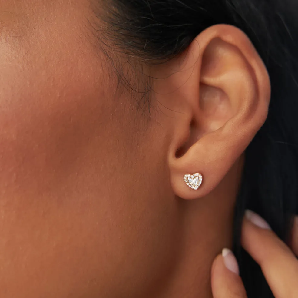 14K Gold Mini Baguette Diamond Heart Studs