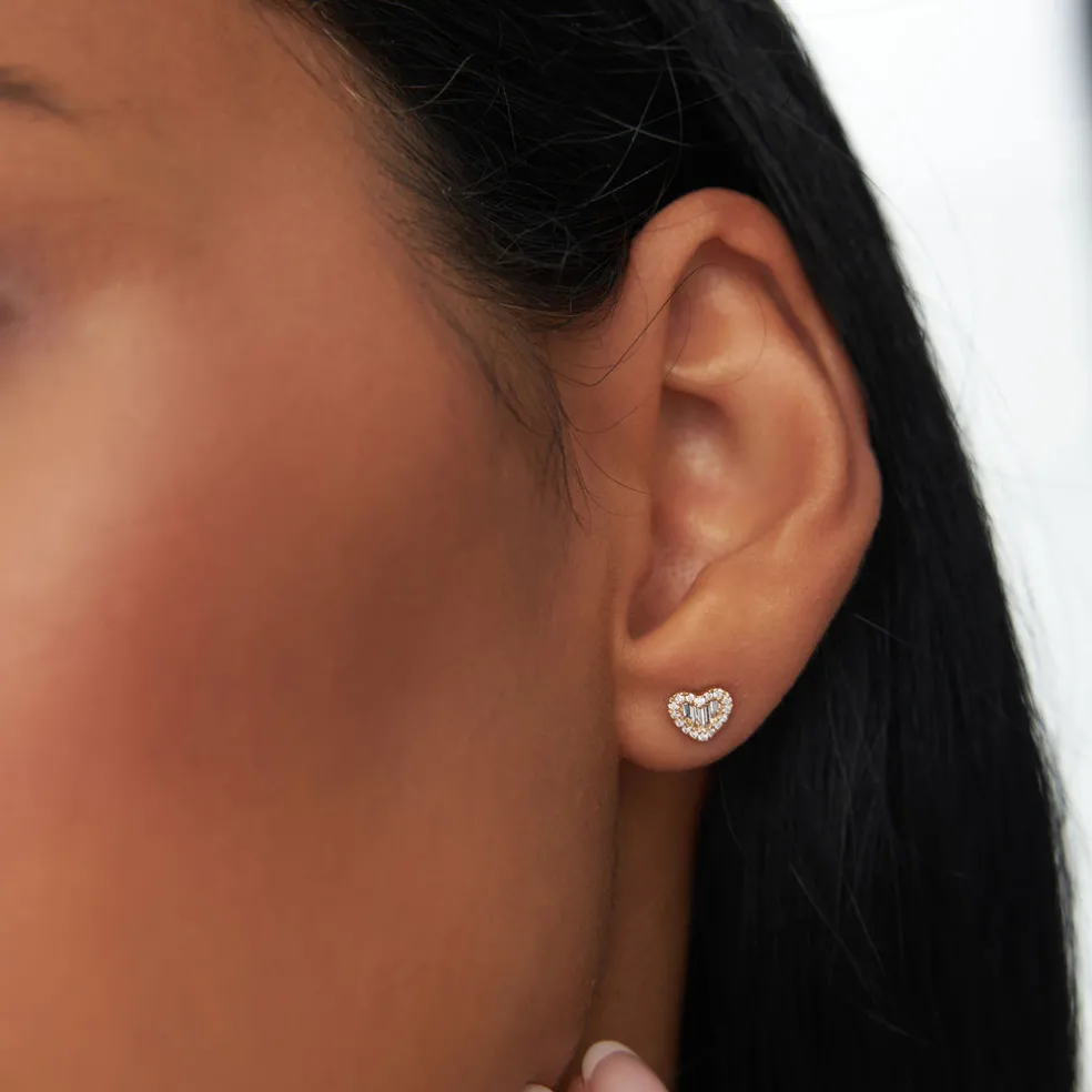 14K Gold Mini Baguette Diamond Heart Studs