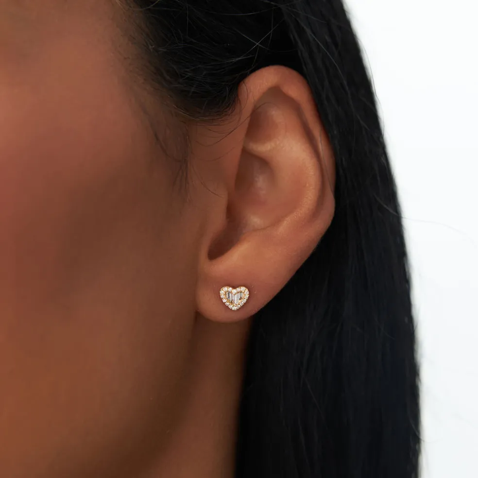 14K Gold Mini Baguette Diamond Heart Studs