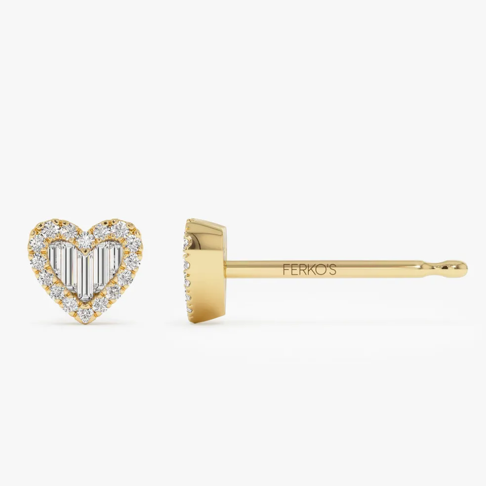 14K Gold Mini Baguette Diamond Heart Studs