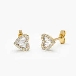 14K Gold Mini Baguette Diamond Heart Studs