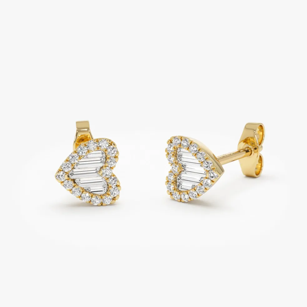 14K Gold Mini Baguette Diamond Heart Studs