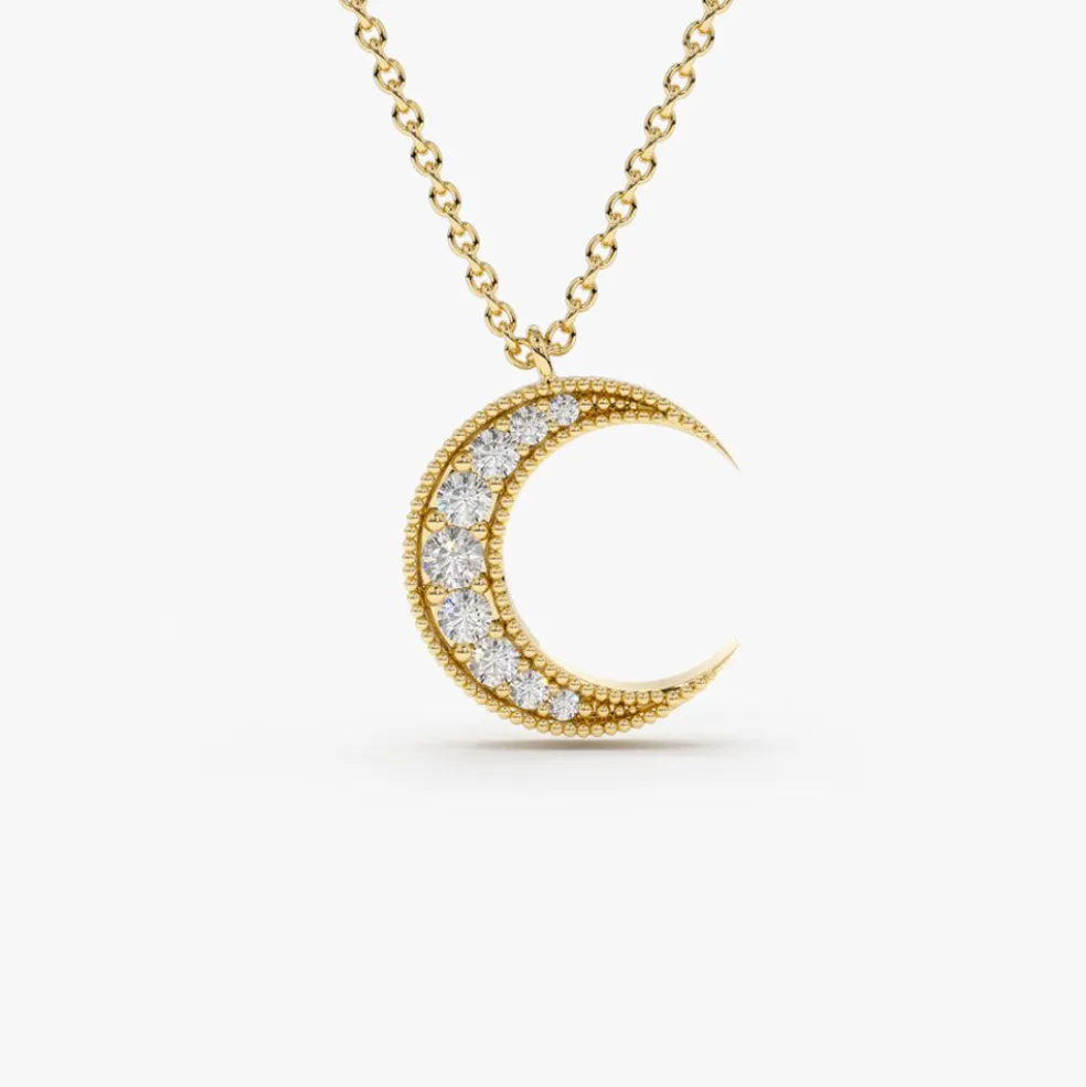 14k Gold Mini Crescent Moon Diamond Necklace