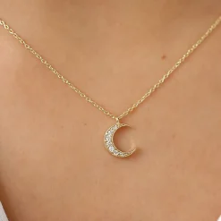 14k Gold Mini Crescent Moon Diamond Necklace