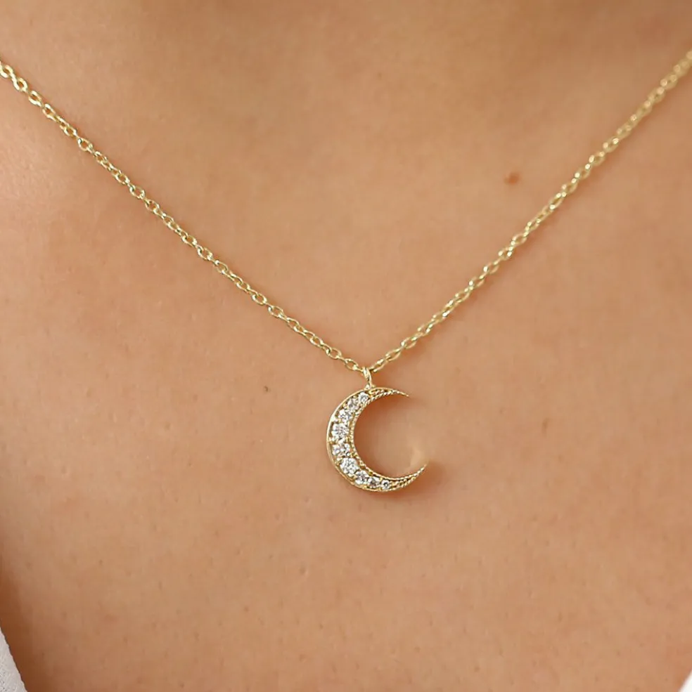 14k Gold Mini Crescent Moon Diamond Necklace