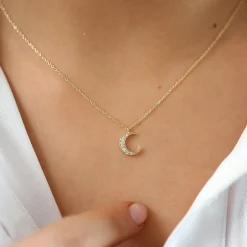 14k Gold Mini Crescent Moon Diamond Necklace