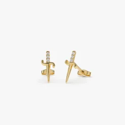 14k Gold Mini Sword Diamond Earrings