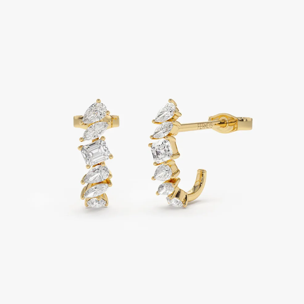 14k Gold Mixed Diamond Shapes Statement Stud Earrings
