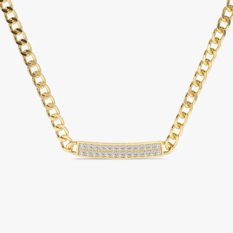 14k Gold 3MM Curb Link Diamond Pave Necklace