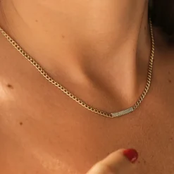 14k Gold 3MM Curb Link Diamond Pave Necklace