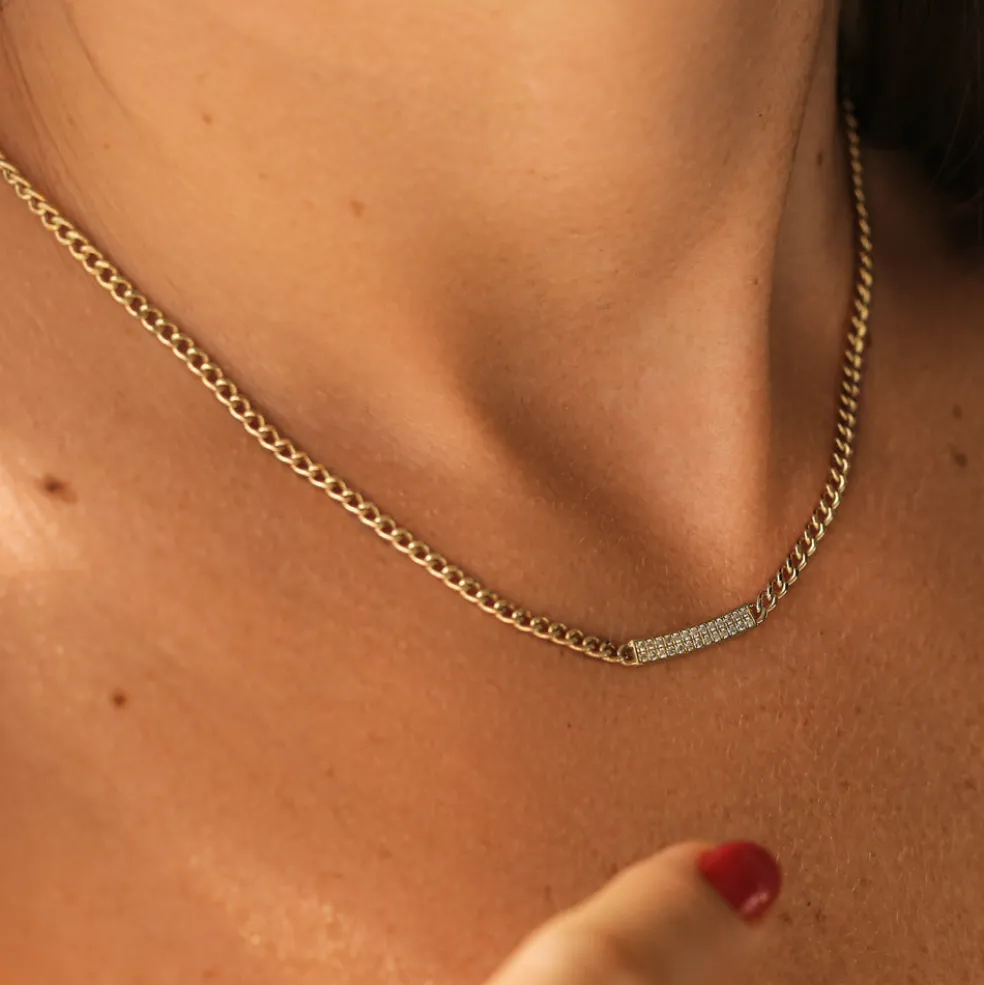 14k Gold 3MM Curb Link Diamond Pave Necklace