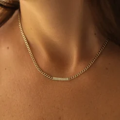 14k Gold 3MM Curb Link Diamond Pave Necklace