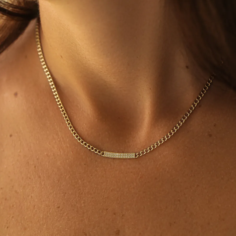 14k Gold 3MM Curb Link Diamond Pave Necklace