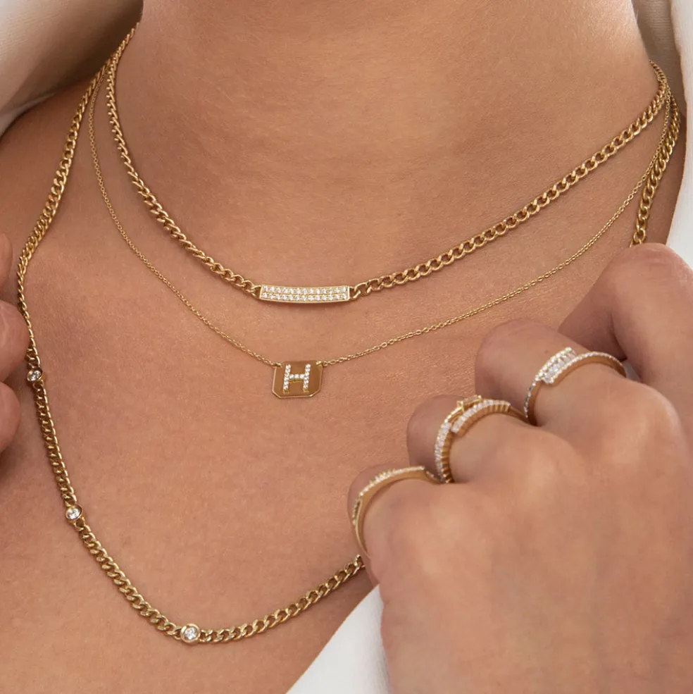 14k Gold 3MM Curb Link Diamond Pave Necklace