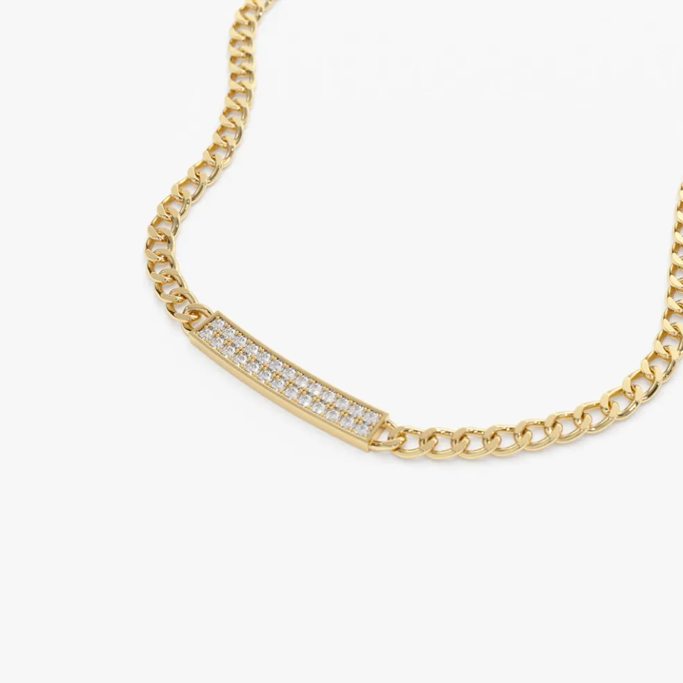 14k Gold 3MM Curb Link Diamond Pave Necklace