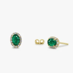 14k Gold Oval Cut Emerald Diamond Earrings