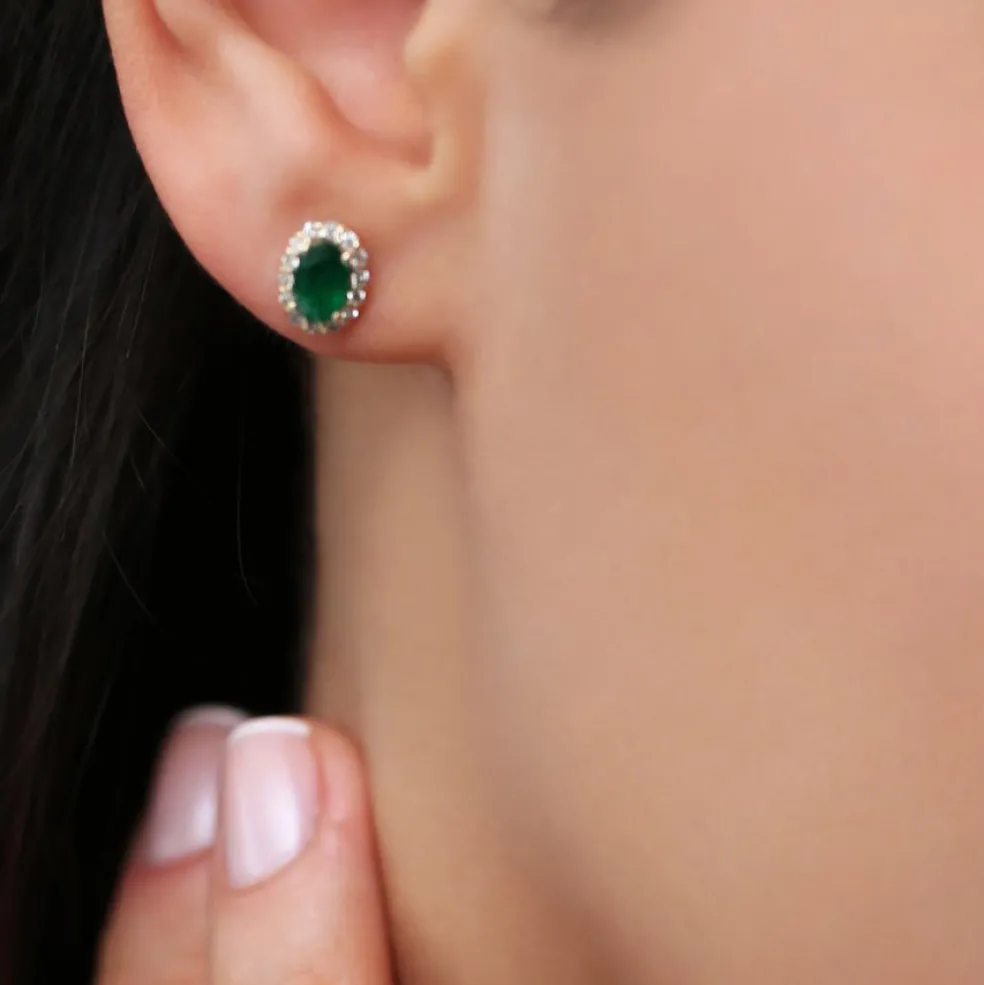 14k Gold Oval Cut Emerald Diamond Earrings