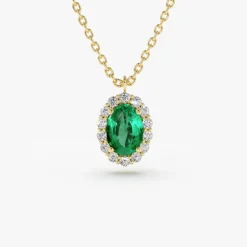 14K Gold Oval Cut Emerald Halo Diamond Necklace