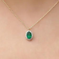 14K Gold Oval Cut Emerald Halo Diamond Necklace