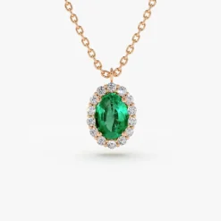 14K Gold Oval Cut Emerald Halo Diamond Necklace