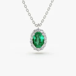 14K Gold Oval Cut Emerald Halo Diamond Necklace