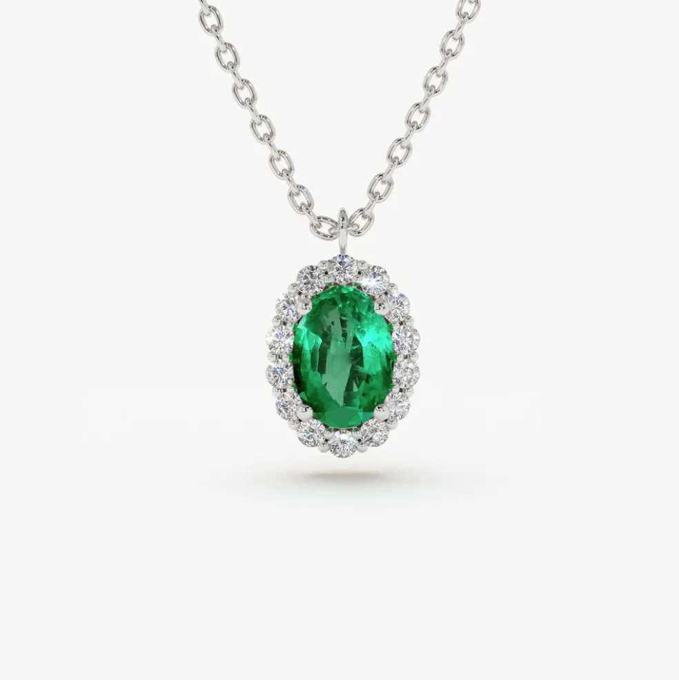 14K Gold Oval Cut Emerald Halo Diamond Necklace