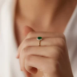 14K Gold Oval Cut Emerald Halo Diamond Ring