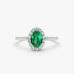 14K Gold Oval Cut Emerald Halo Diamond Ring