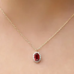 14K Gold Oval Cut Ruby Halo Diamond Necklace