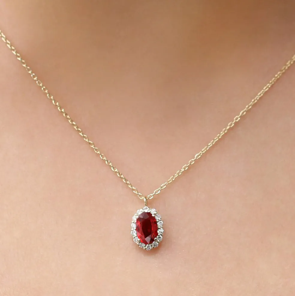 14K Gold Oval Cut Ruby Halo Diamond Necklace