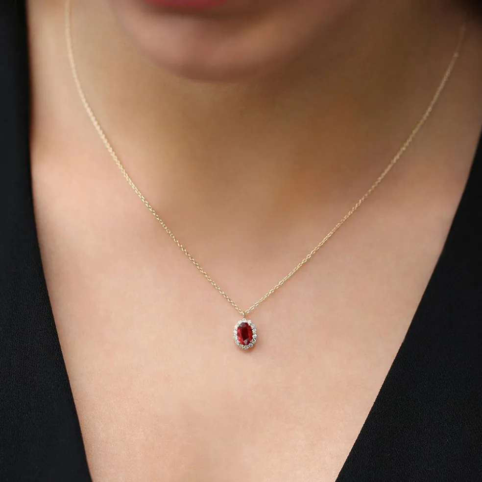 14K Gold Oval Cut Ruby Halo Diamond Necklace