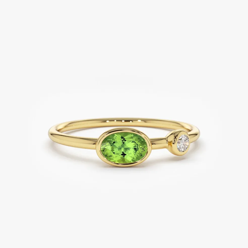 14k Gold Oval Peridot and Diamond Ring