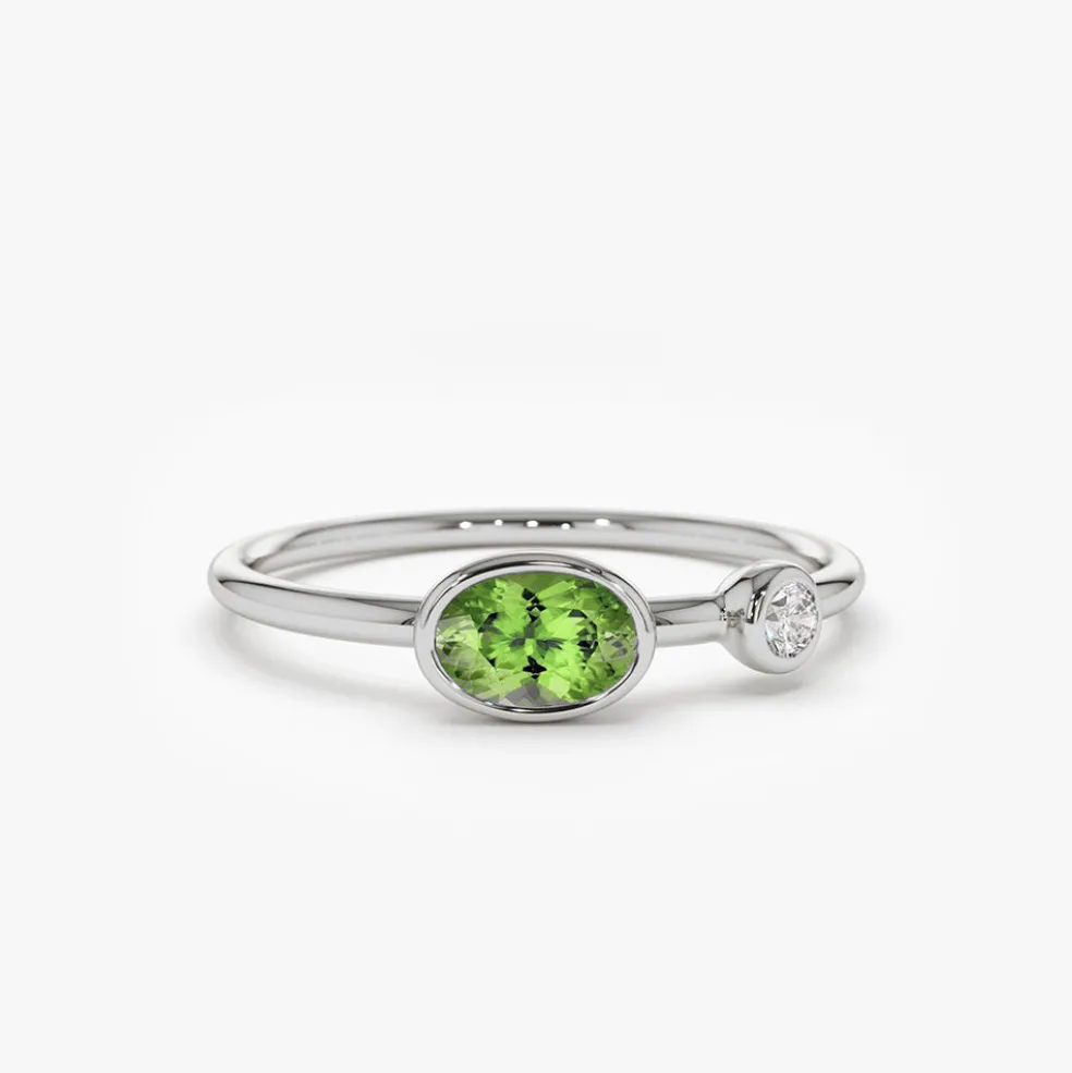 14k Gold Oval Peridot and Diamond Ring