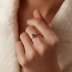 14K Gold Oval Shape Amethyst and Diamond 3 Stone Ring